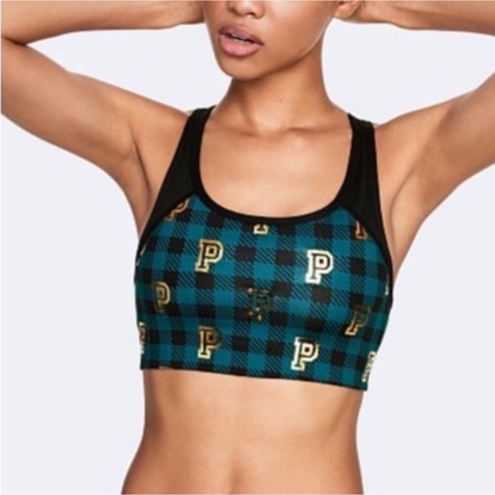 PINK Venetian Teal Plaid With Foil Print Bra